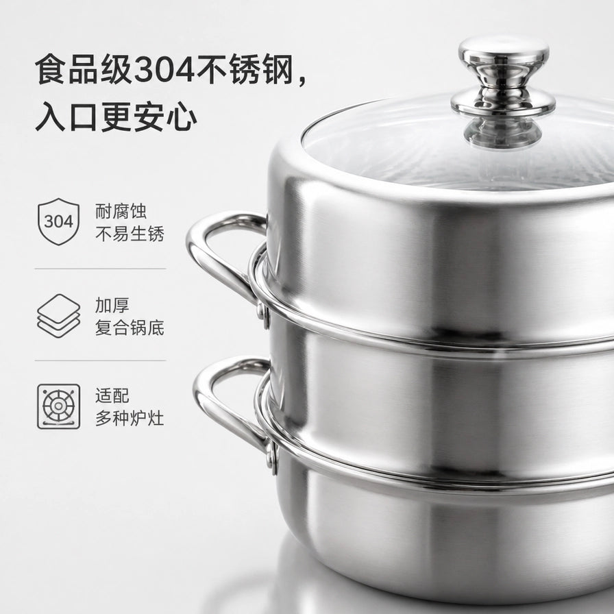 Blyduck 蒸锅细节展示，配有中文卖点：食品级304不锈钢、加厚复合锅底、适配多种炉灶。