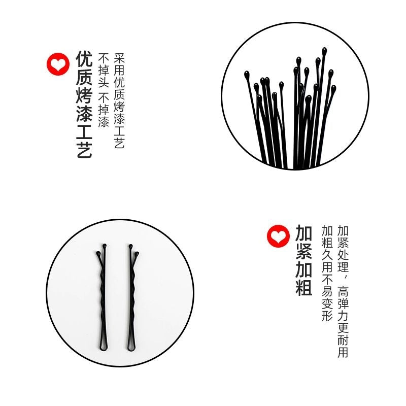 黑色发夹细节展示图，包含烤漆工艺特写及加粗防滑设计说明。