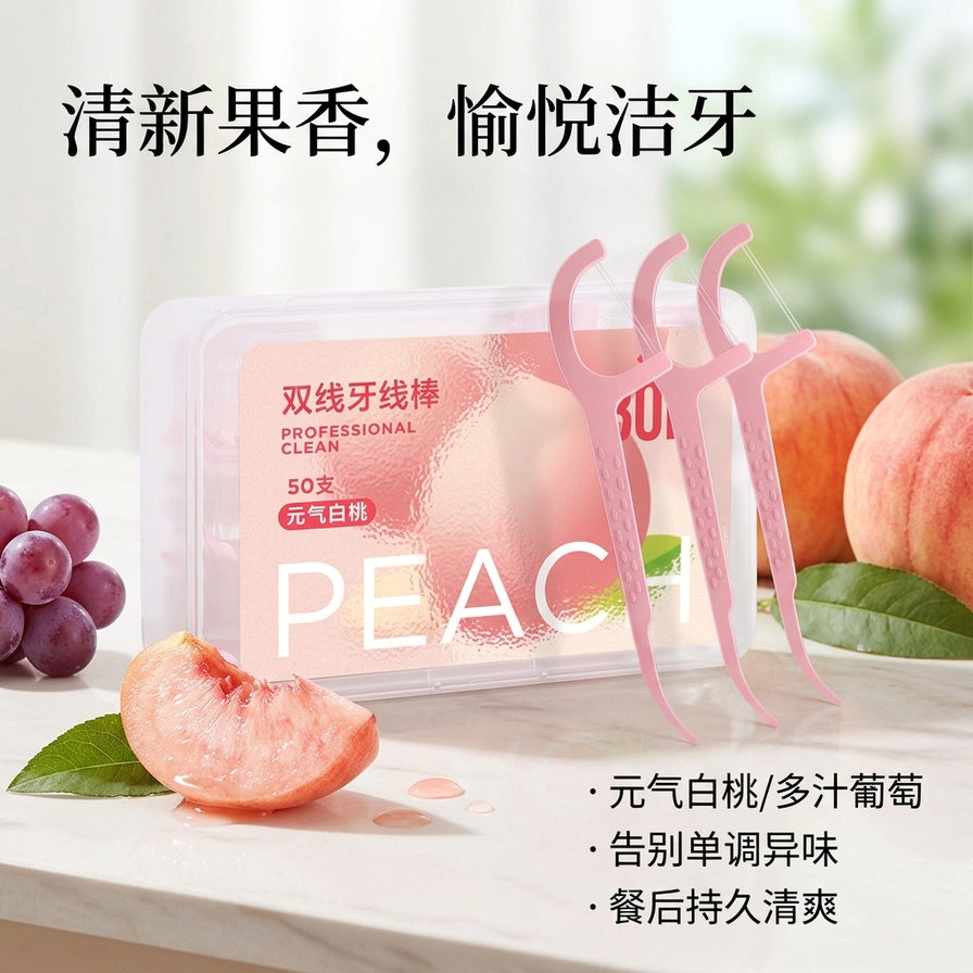 BOP双线牙线棒宣传图，配有新鲜葡萄和白桃背景，文字说明清新果香及餐后清爽卖点。