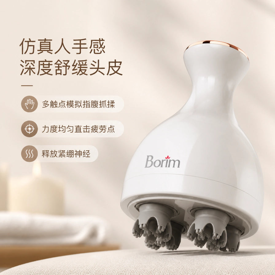Borim电动头部按摩器特写，左侧配有仿真人手感、深度舒缓头皮等中文卖点说明。