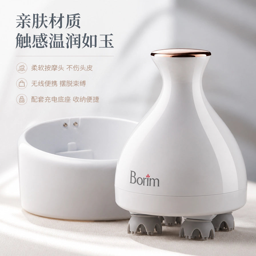 Borim电动头部按摩器与底座，左侧配有亲肤材质、触感温润如玉等中文卖点说明。