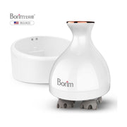 Borim电动头部按摩器白色主机与充电底座，左上角带有品牌标识及源自美国字样。