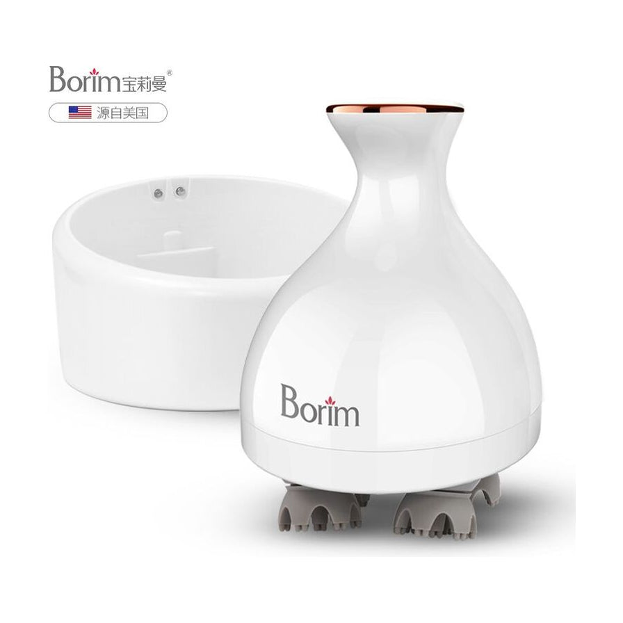 Borim电动头部按摩器白色主机与充电底座，左上角带有品牌标识及源自美国字样。