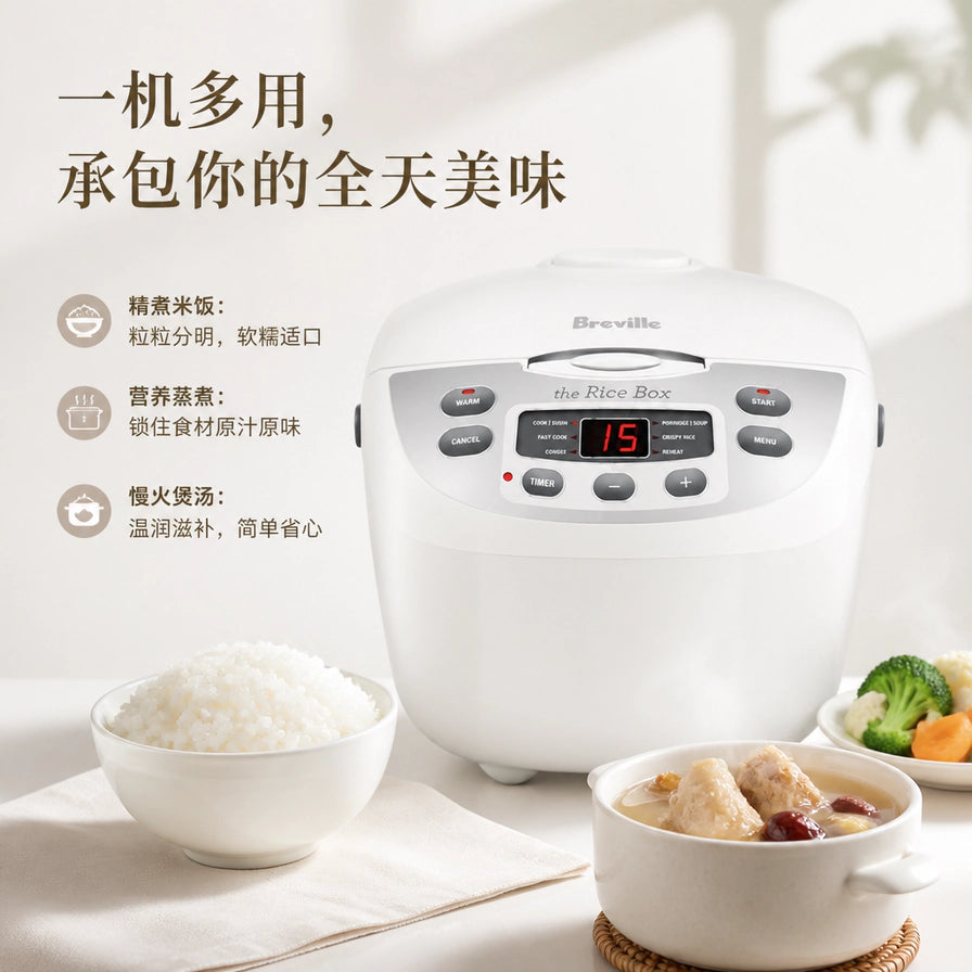 Breville 电饭煲与米饭、炖汤、蔬菜的场景图，配有“一机多用”等中文卖点文字。