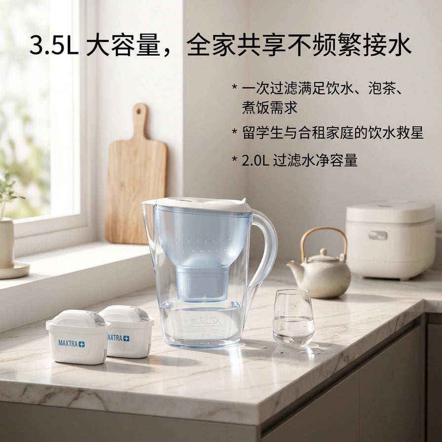 在厨房台面上的 BRITA 碧然德 Marella XL 滤水壶，旁边放着两枚滤芯和一个水杯，背景有中文卖点介绍 3.5L 大容量及 2.0L 过滤水净容量。