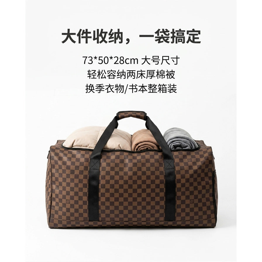 装满棉被和衣物的收纳袋展示图，上方有中文标题“大件收纳，一袋搞定”及尺寸容量说明文字。