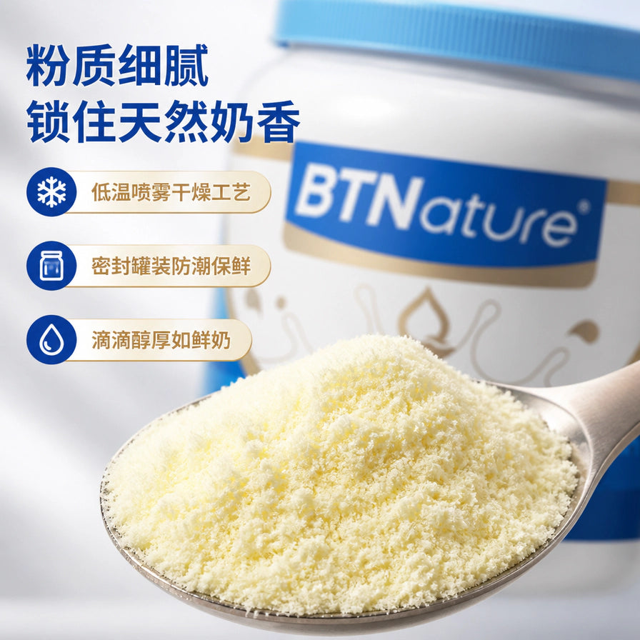 勺子中细腻的淡黄色奶粉近景特写，背景为 BTNature 奶粉罐，带有粉质细腻中文卖点。