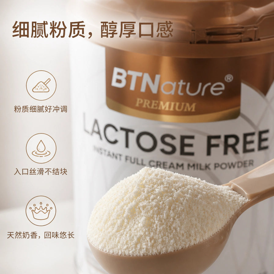 勺子中盛满细腻的白色奶粉特写，背景为 BTNature 奶粉罐，左侧带有细腻粉质、醇厚口感的中文说明。