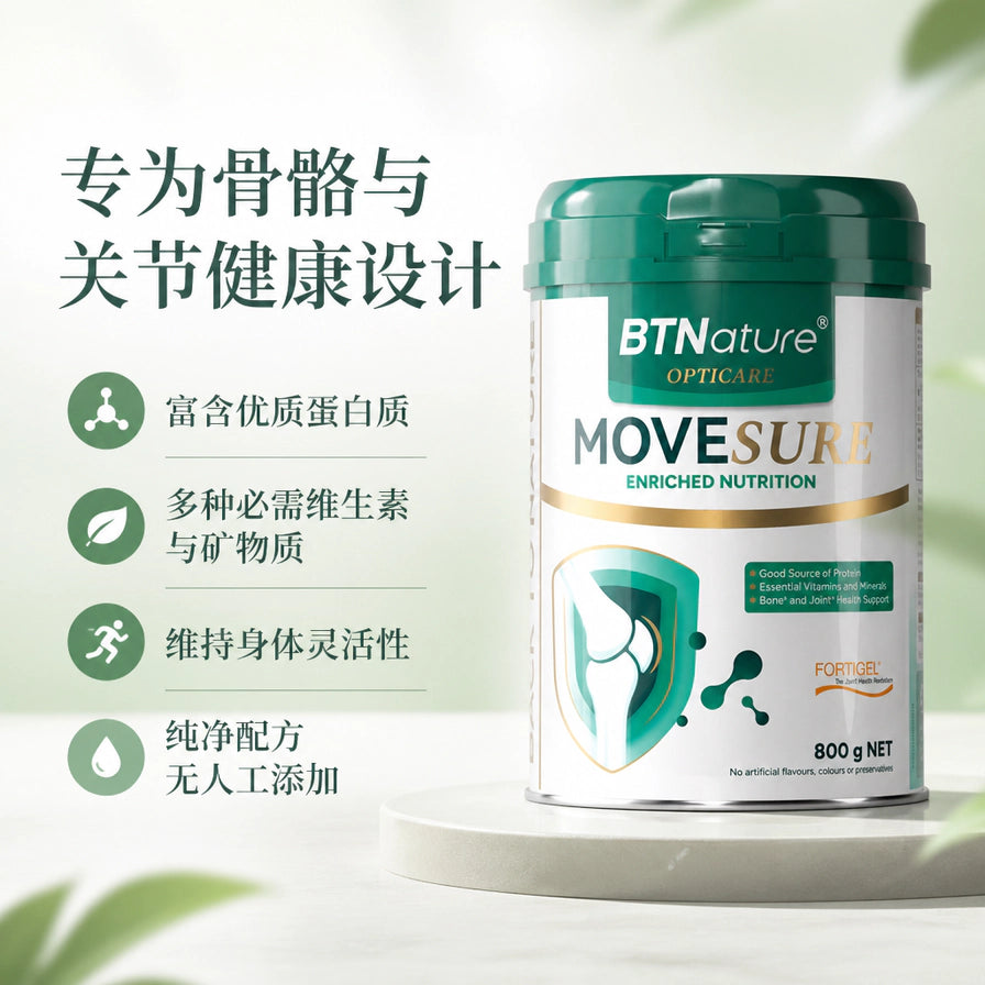 BTNature 骨关节奶粉展示图，左侧带有中文卖点：专为骨骼与关节健康设计，富含蛋白质、维生素与矿物质。