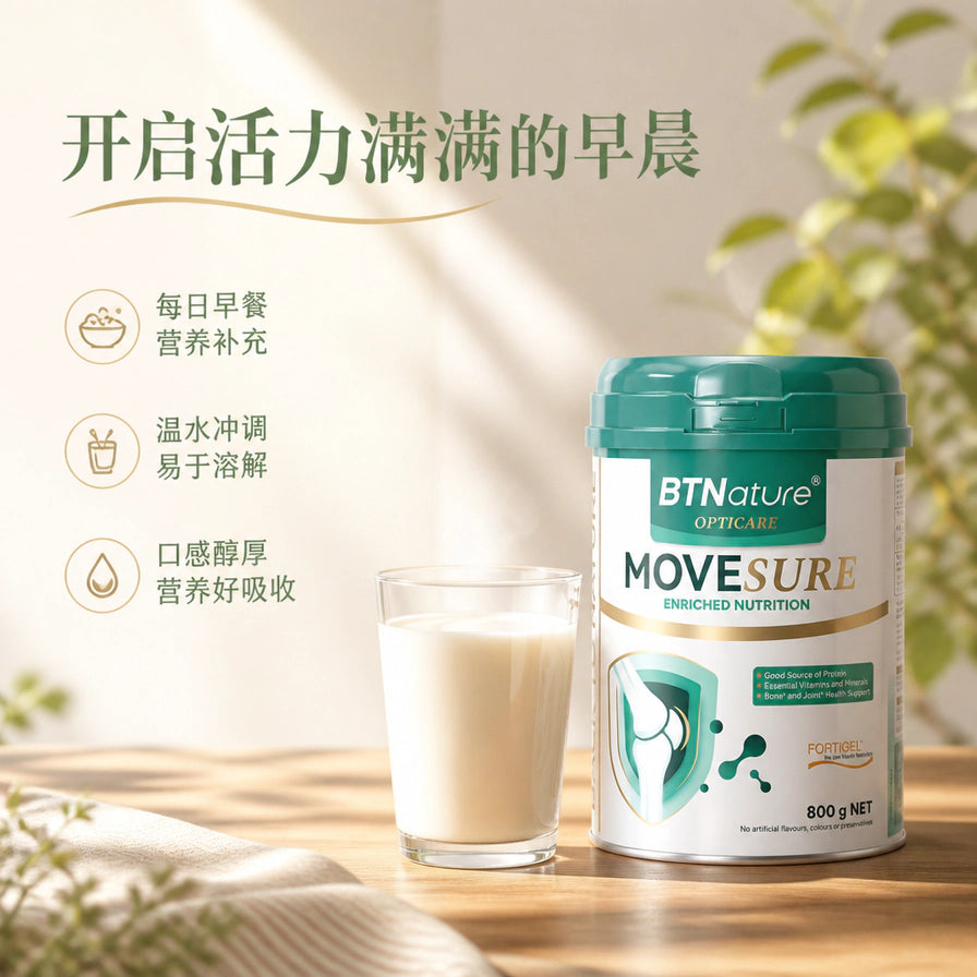 温馨早餐场景下的 BTNature 骨关节奶粉，旁边有一杯冲调好的牛奶，上方配有中文标题：开启活力满满的早晨。