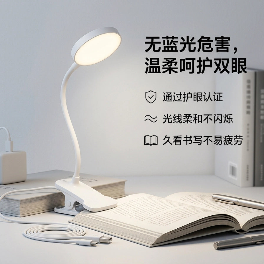 公牛护眼夹子灯在书桌上的使用场景，光线柔和照亮书籍，配有无蓝光危害、通过护眼认证等中文说明文字。