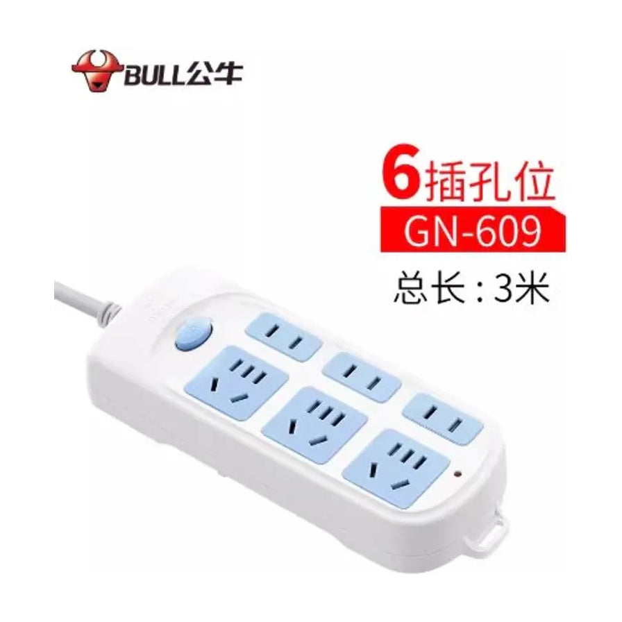 公牛GN - 609六插孔位排插，带有公牛品牌标识，标注6插孔位、GN - 609型号及总长3米。