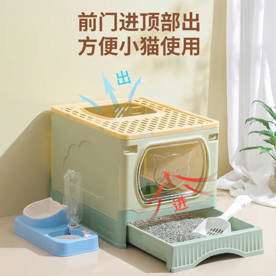 柜式猫砂盆示意图，画面有中文说明“前门进顶部出 方便小猫使用”，并用箭头标示进出方向。