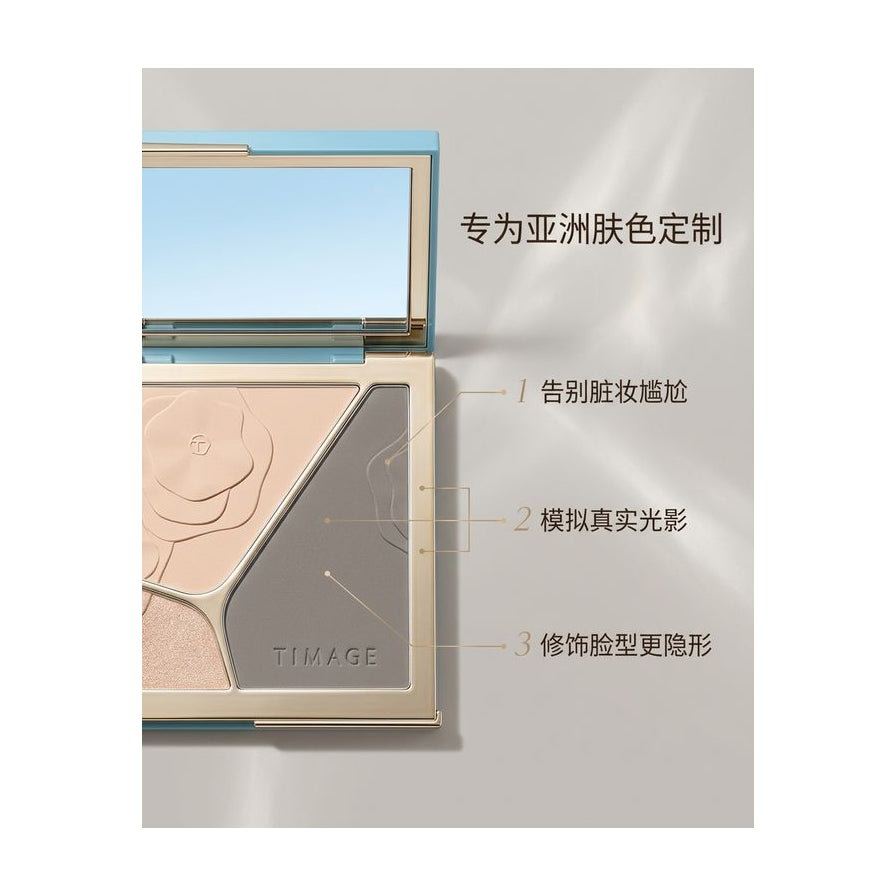 彩棠修容盘局部特写，配有中文说明文字介绍专为亚洲肤色定制及修饰脸型功能。