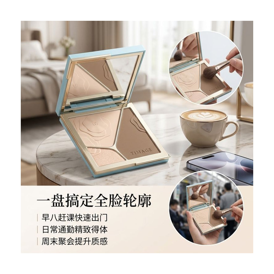 彩棠修容盘置于大理石桌面的生活场景图，包含手持使用细节及中文宣传文案。