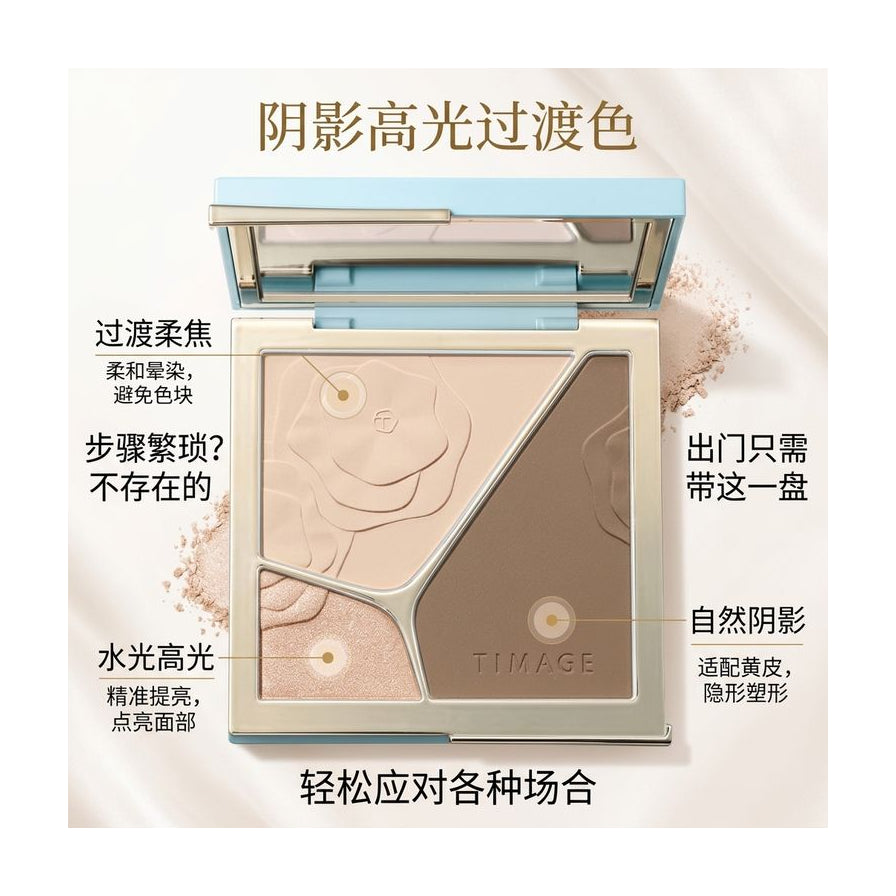 彩棠修容盘俯视图，周围环绕中文标注详细解释阴影、高光及过渡色的妆效特点。