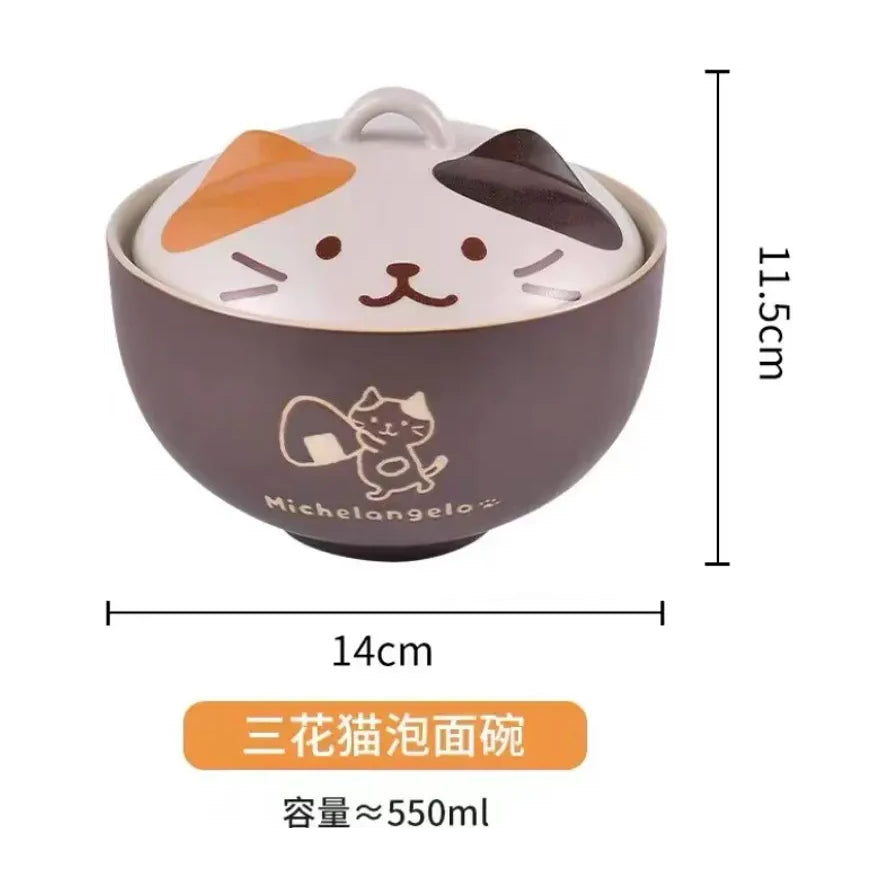 三花猫款式陶瓷泡面碗，标注尺寸为碗口直径14cm，含盖高度11.5cm，容量约550ml。