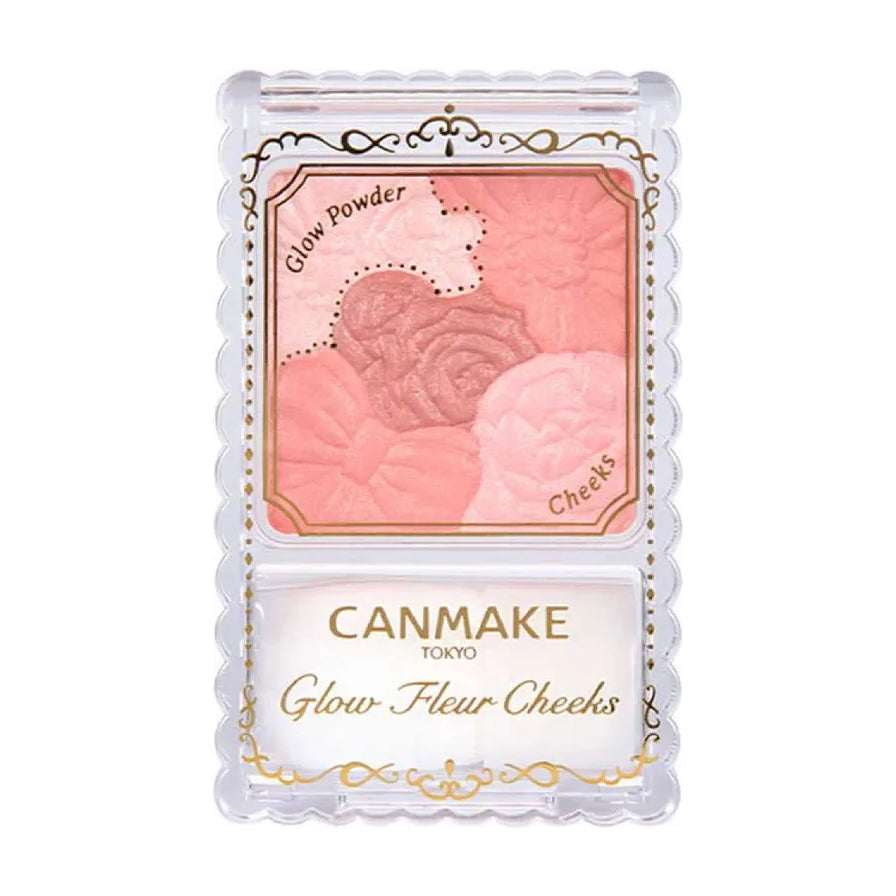 Canmake 腮红产品宣传图，包含中文卖点文案“提亮修饰一盘搞定”及模特上脸妆效展示。