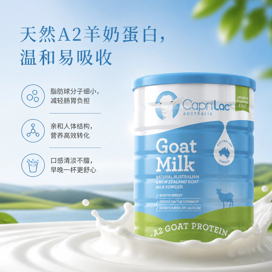 CapriLac 羊奶粉罐装展示，背景为自然牧场，左侧配有中文卖点说明：天然A2羊奶蛋白，温和易吸收。