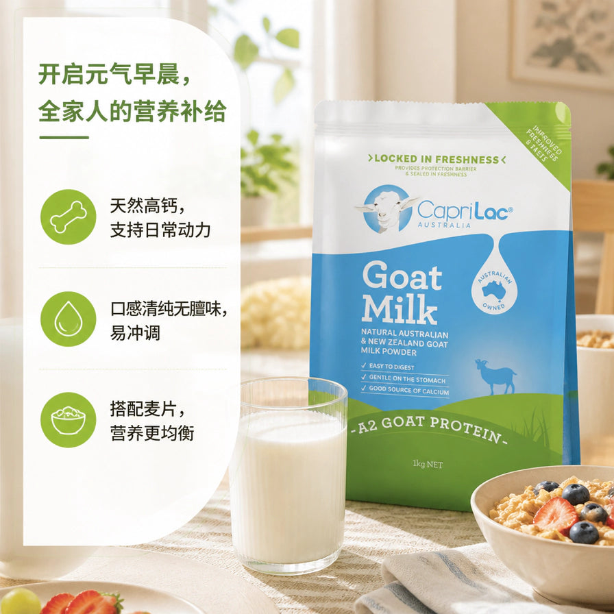 CapriLac 羊奶粉早餐场景图，搭配一杯冲调好的羊奶和一碗麦片，展示高钙营养补给。