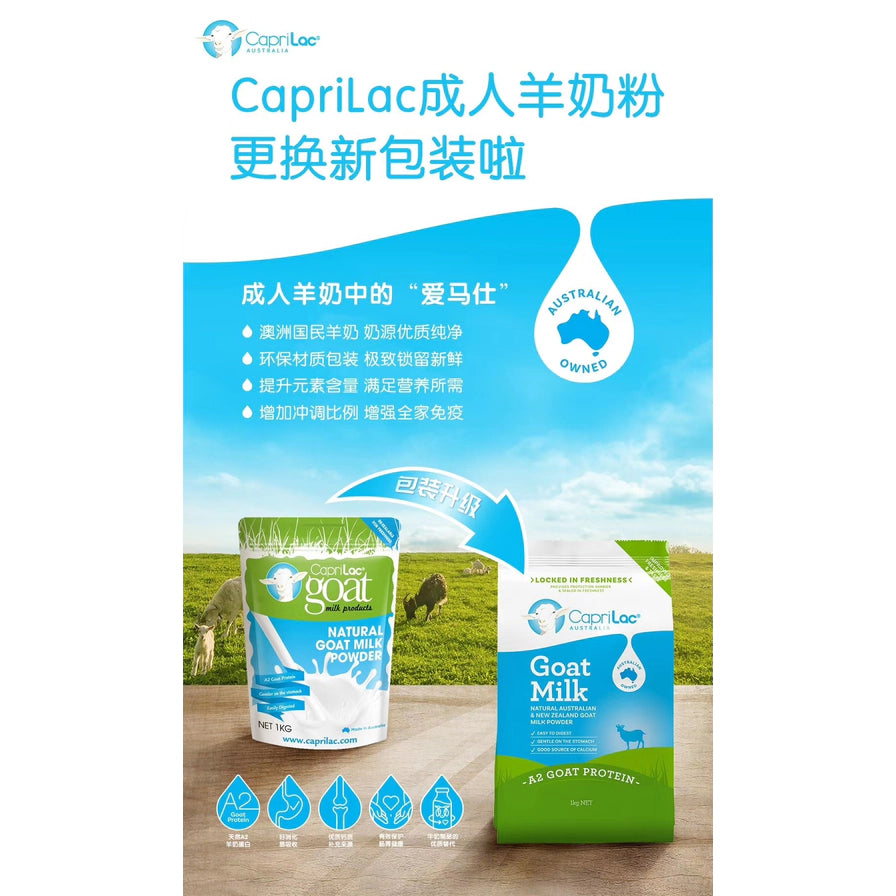 CapriLac 成人羊奶粉新旧包装对比海报，展示了包装升级过程及澳洲原产、营养丰富等卖点。