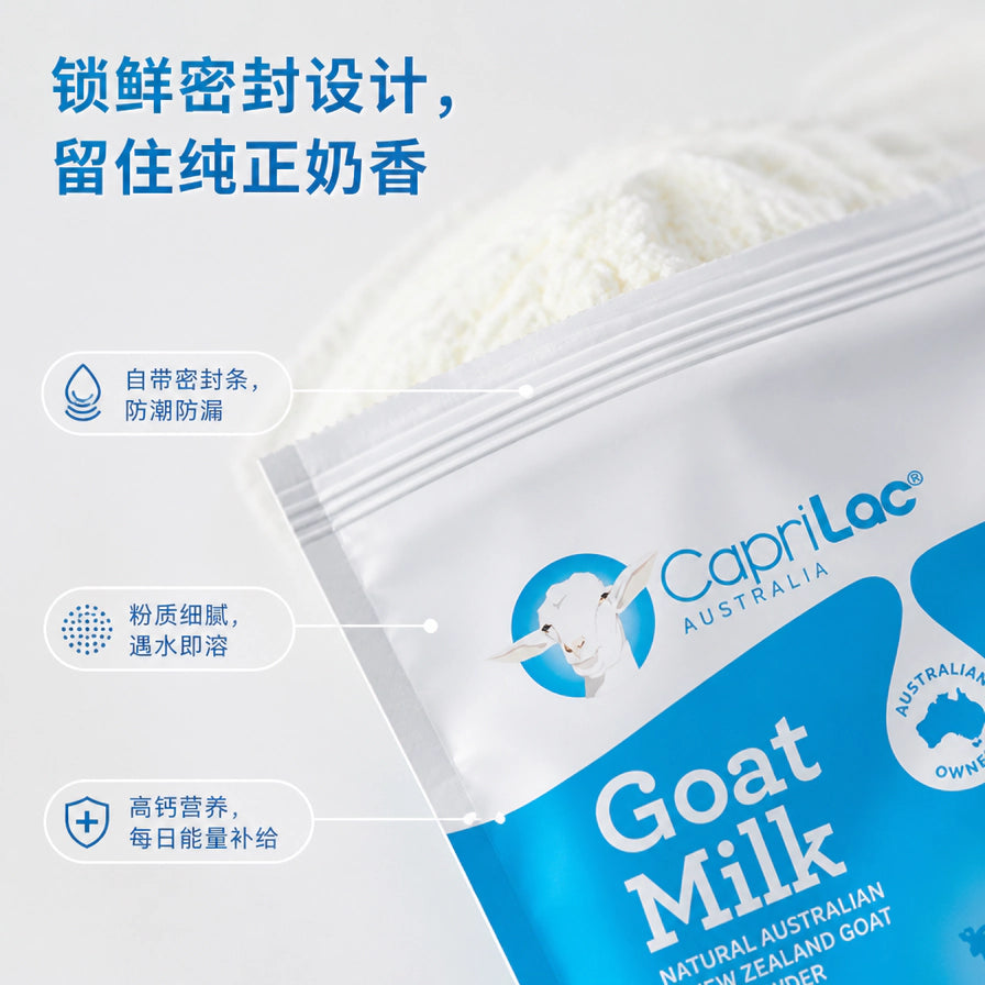 CapriLac 羊奶粉袋口特写，展示密封条设计和细腻的白色奶粉质地，左侧标有锁鲜密封设计等中文功能介绍。