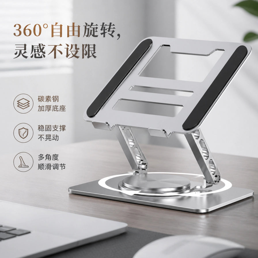 放置在木质桌面上的银色电脑支架，左侧配有中文卖点文字：360度自由旋转、碳素钢加厚底座、稳固支撑不晃动、多角度顺滑调节。