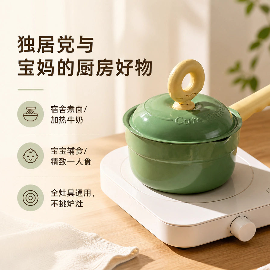 甜甜圈奶锅放置在白色电磁炉上，左侧配有中文卖点文字。