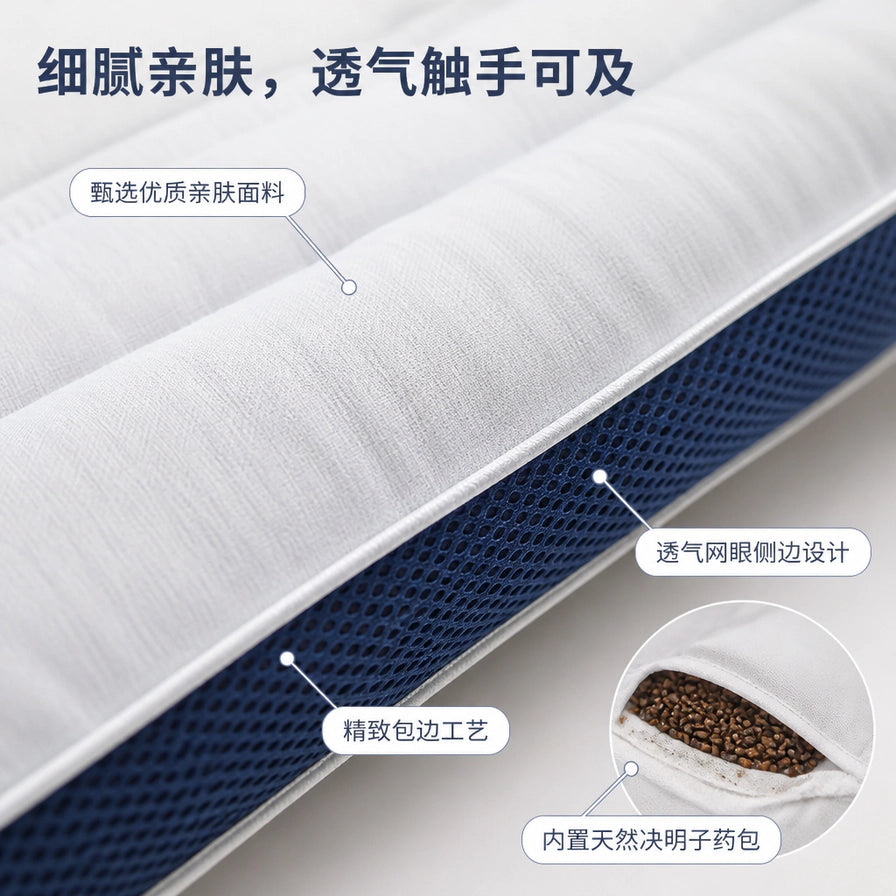 天然决明子枕头的细节特写，展示亲肤面料、透气网眼侧边、精致包边及内置决明子药包的中文标注。