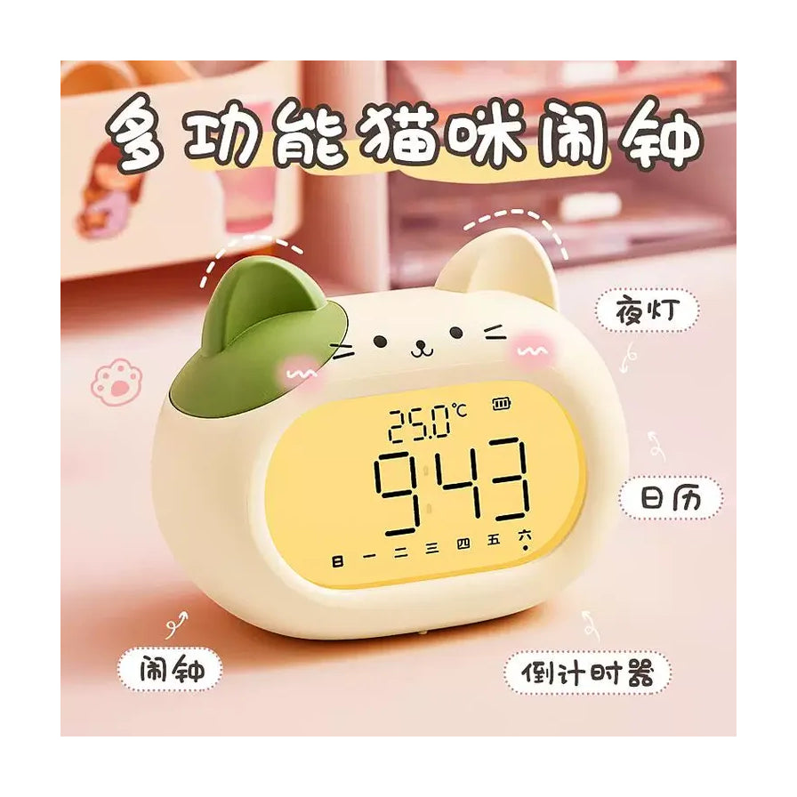 绿色猫咪闹钟特写，配有中文标注说明夜灯、日历、闹钟和倒计时器功能。