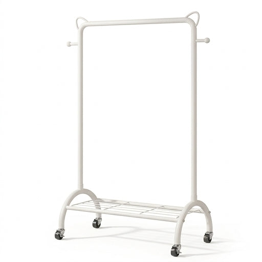 猫耳造型可移动晾衣架正面展示，带万向轮，适合租房阳台或浴室角落晾晒衣物。