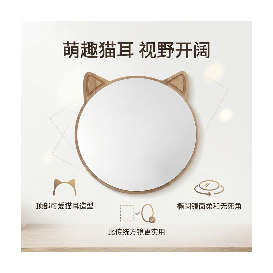 猫耳台镜营销卖点图，包含中文标题“萌趣猫耳 视野开阔”及功能图标说明。