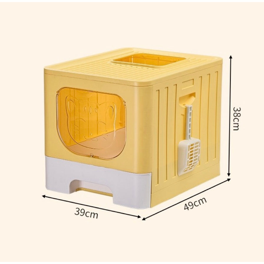黄色全封闭抽屉式猫砂盆产品示意图，标注了长宽高尺寸：39cm、49cm、38cm。
