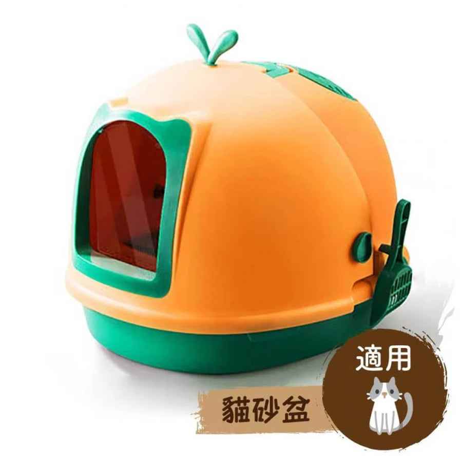 橙绿色全封闭猫砂盆正面展示图，右下角标注适用猫砂盆，带猫咪图标