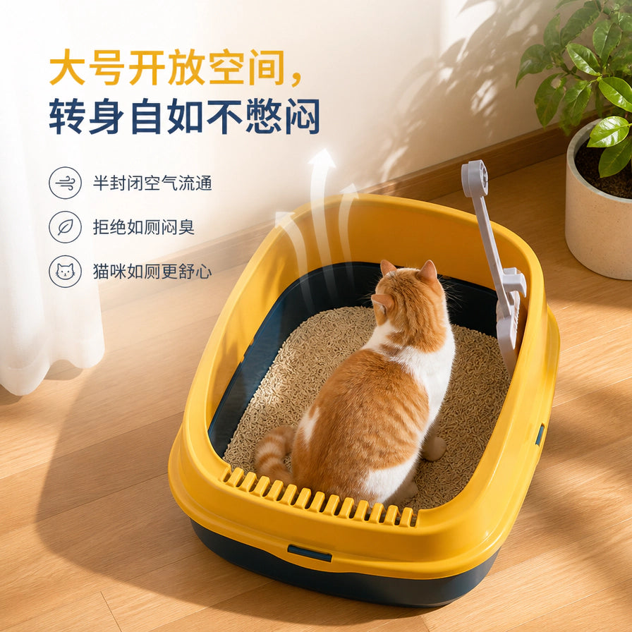 半封闭猫砂盆卖点场景图，猫咪在盆内，左侧有大号开放空间等说明文字
