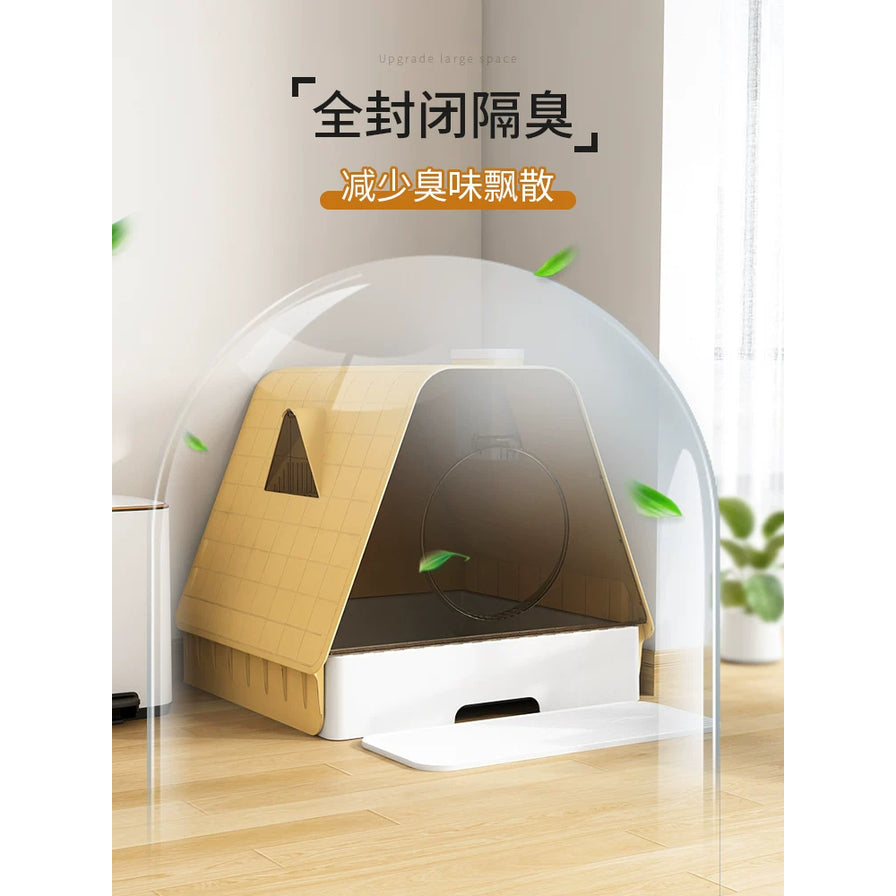 猫砂盆场景图，顶部写有“全封闭隔臭”“减少臭味飘散”，展示封闭式结构和白色踏板