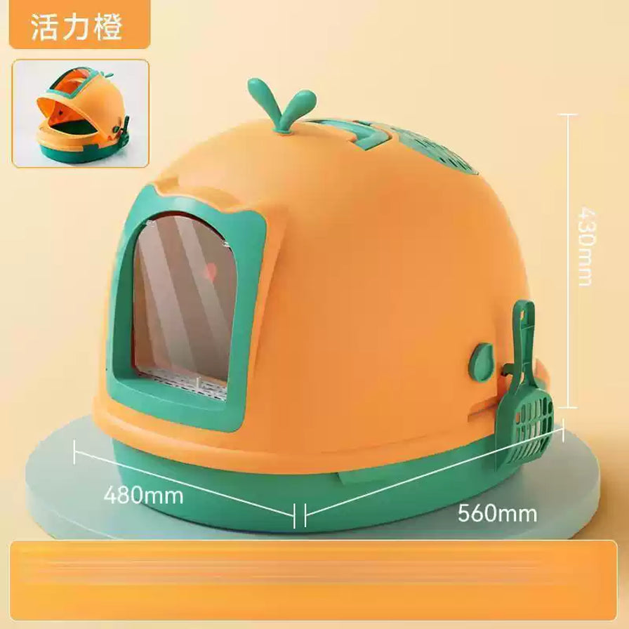 橙绿色全封闭猫砂盆尺寸示意图，画面标注430毫米、480毫米和560毫米