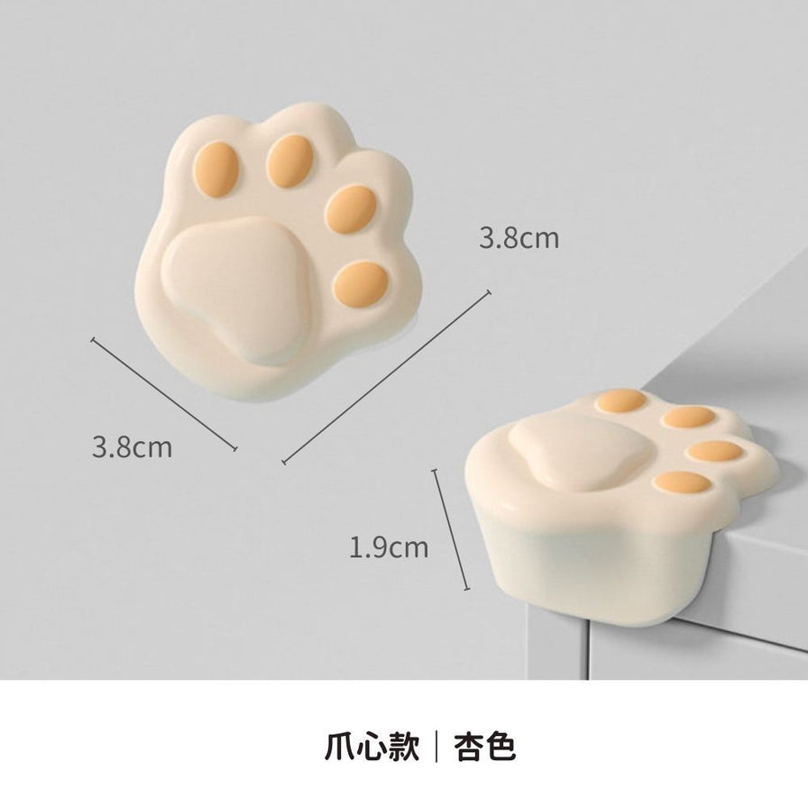 杏色猫爪防撞护角的尺寸标注图，显示长宽为3.8cm，高度为1.9cm，并展示了安装在桌角的效果。
