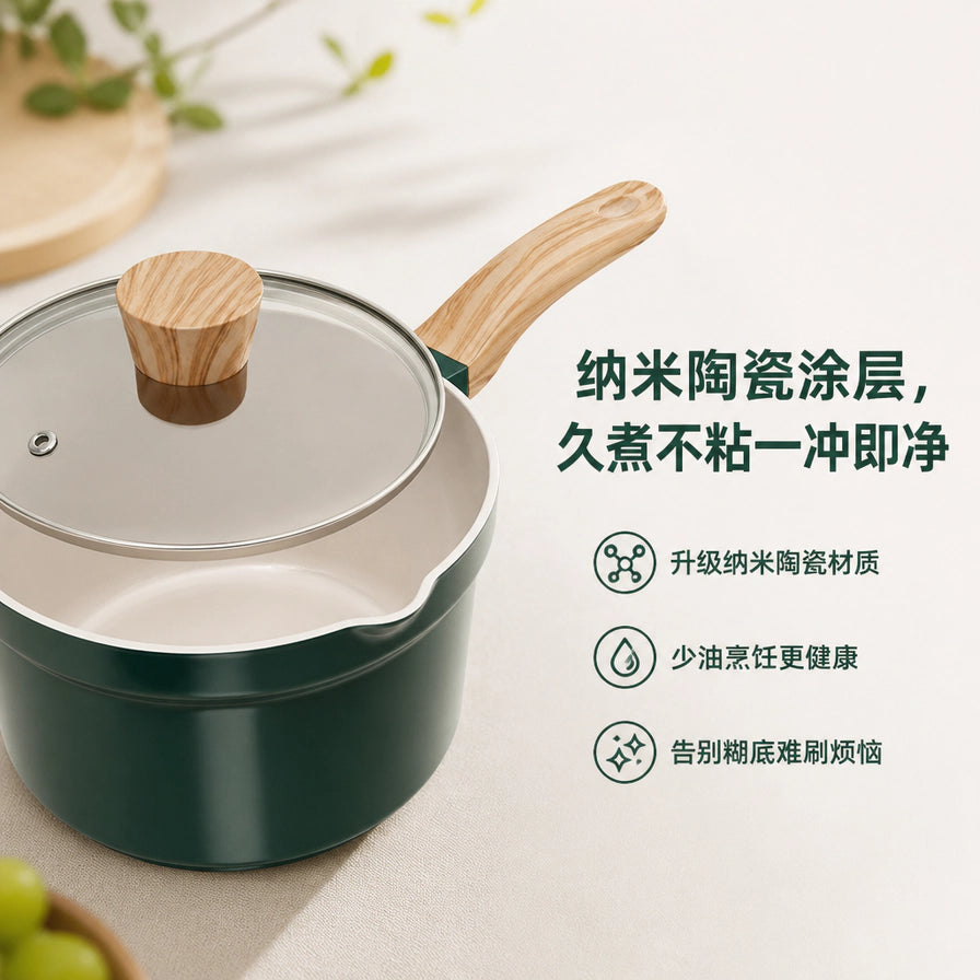 俯拍视角展示陶瓷奶锅内部白色不粘涂层，右侧配有中文说明文字强调纳米陶瓷涂层和易清洗卖点。
