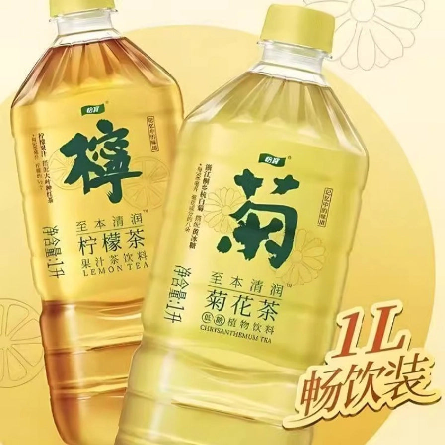 怡宝柠檬茶与菊花茶1L大容量装合影，右下角带有“1L畅饮装”艺术字样。