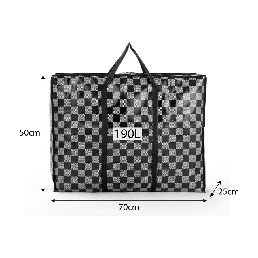 黑白棋盘格收纳袋尺寸示意图，标注长 70cm、宽 50cm、高 25cm 及容量 190L。