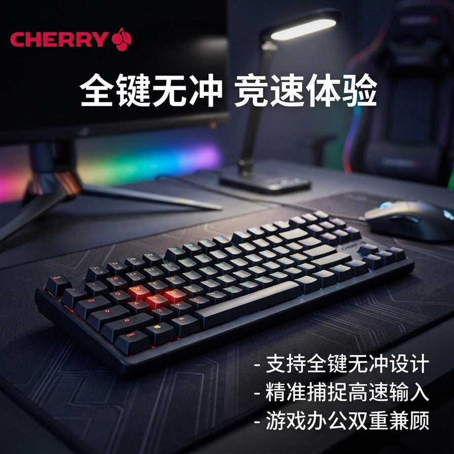 在电竞桌面环境下的CHERRY 3000S TKL机械键盘，配有全键无冲竞速体验宣传文字。