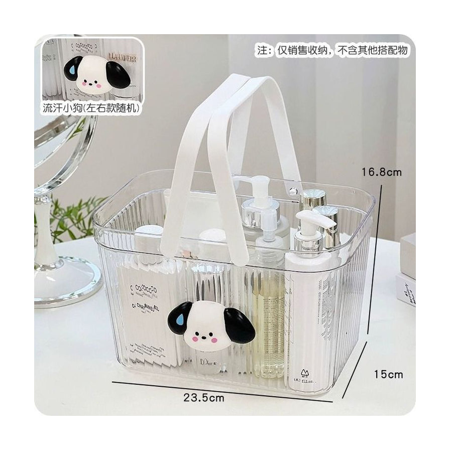 带尺寸标注的收纳篮展示图，显示长宽高数据及小狗装饰细节，含中文说明文字。