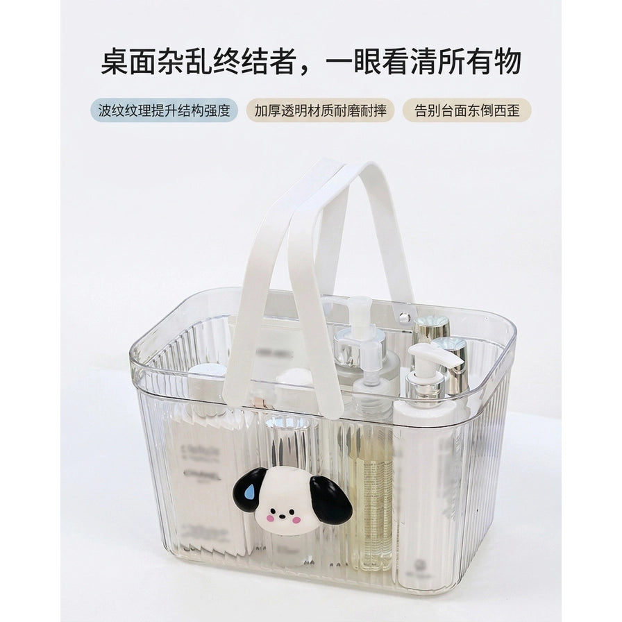 收纳篮产品卖点宣传图，上方有“桌面杂乱终结者”等中文标题，展示波纹纹理和透明材质特点。