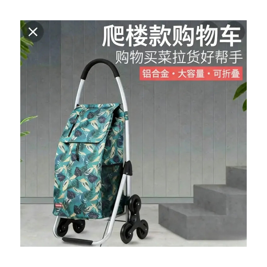 爬楼款购物车场景图，车身置于楼梯旁，图片上方叠加中文标题“爬楼款购物车”及卖点标签。