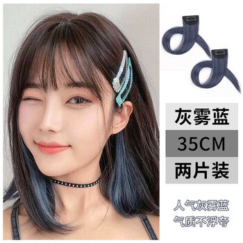 模特佩戴灰雾蓝假发片的侧脸效果展示，右侧配有中文卖点说明文字及尺寸标注。