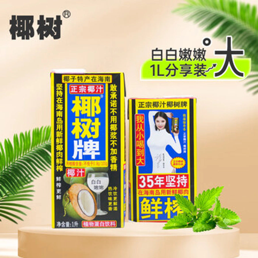 椰树牌椰汁宣传海报，包含1L分享装产品图、品牌代言人形象及“白白嫩嫩”宣传语，背景点缀绿植叶片。
