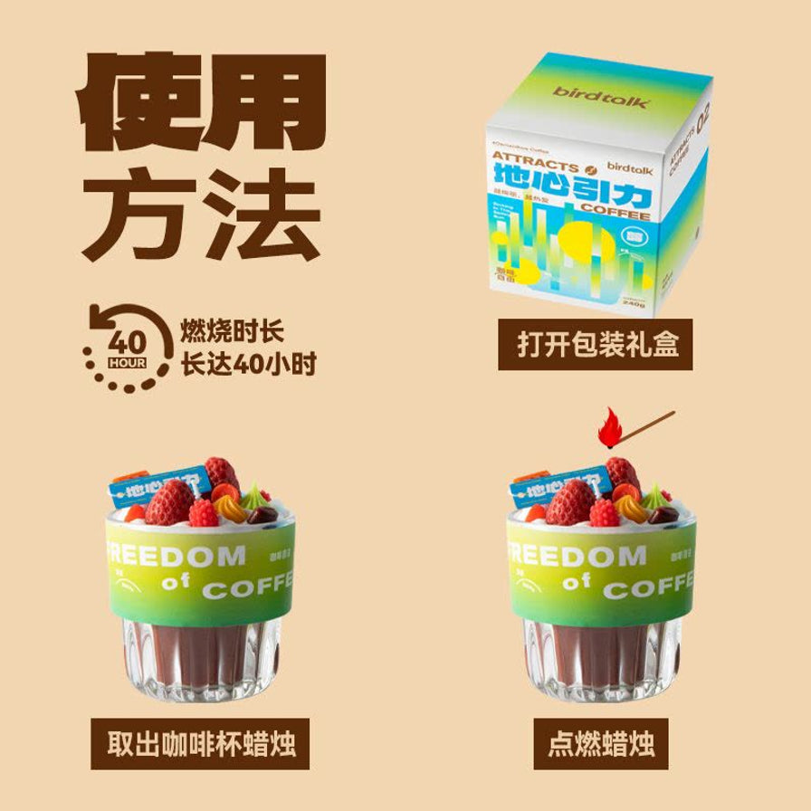香薰蜡烛使用方法示意图，包含打开包装礼盒、取出咖啡杯蜡烛及点燃蜡烛的步骤说明，标注燃烧时长可达40小时。