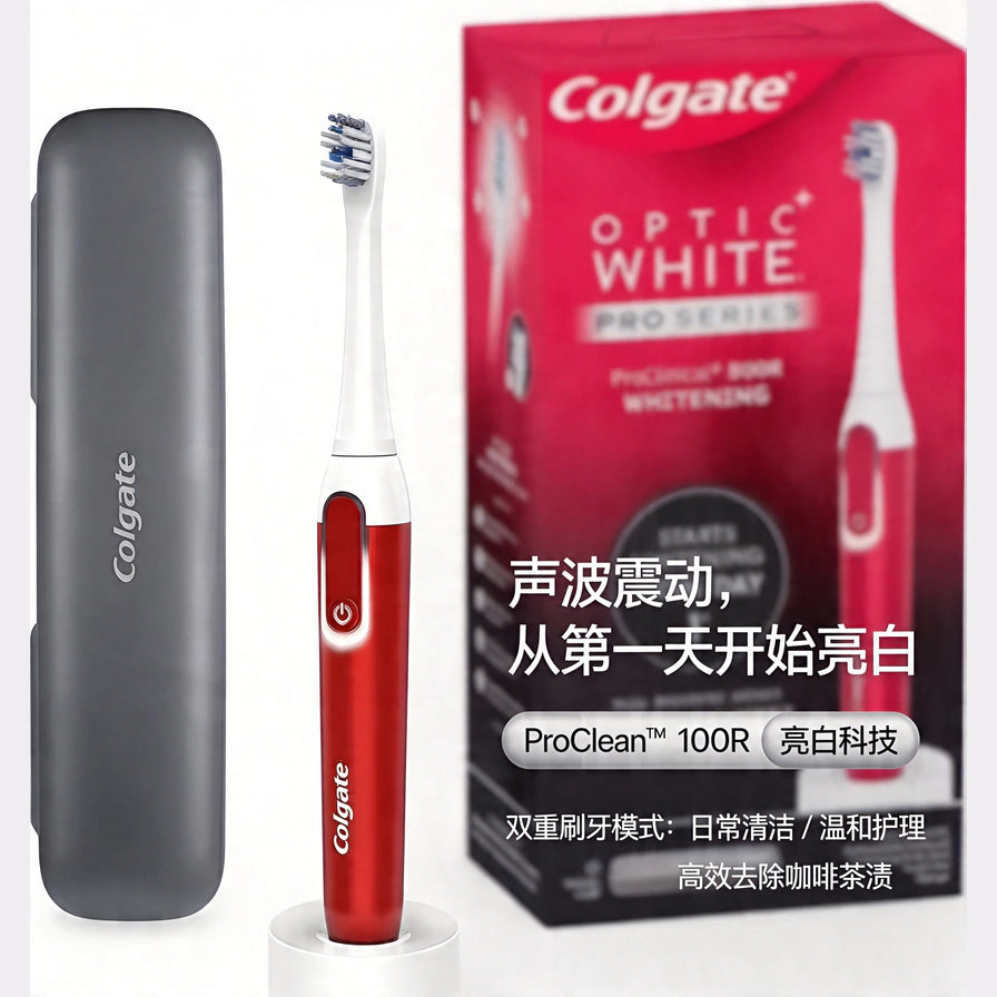 高露洁电动牙刷与包装盒组合图，叠加声波震动亮白科技等中文卖点文案。