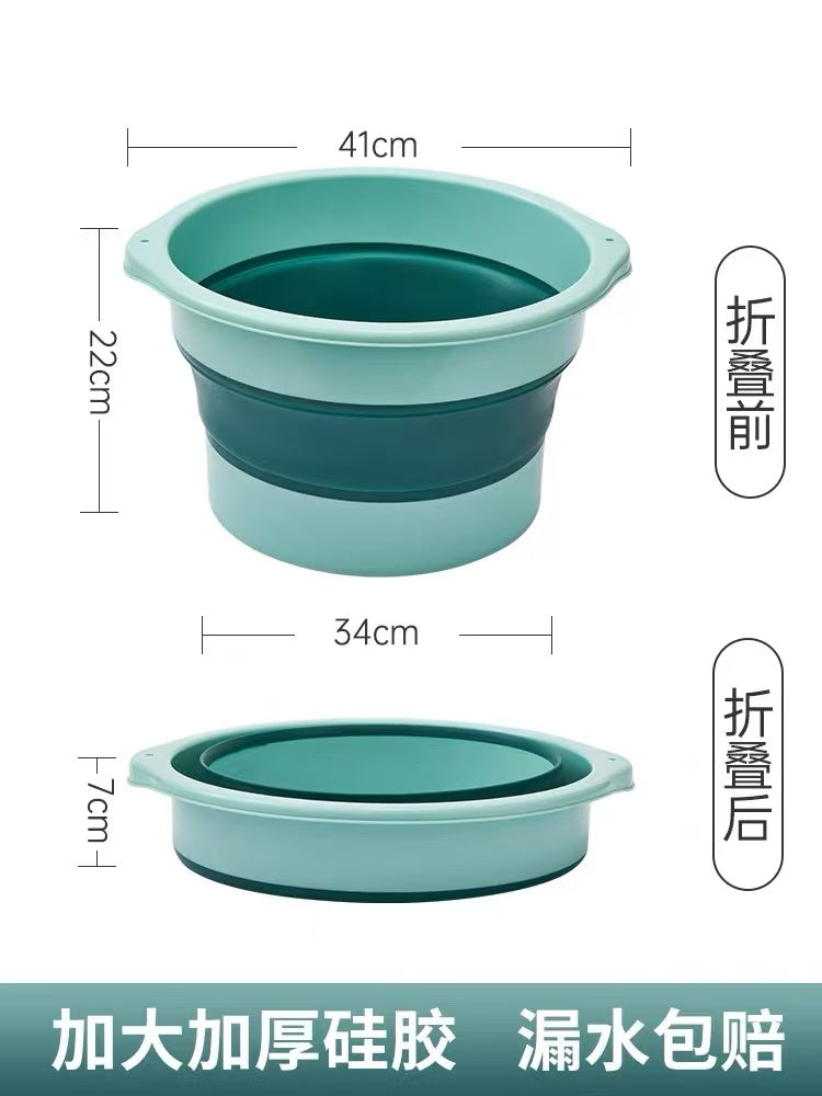 带尺寸标注的折叠足浴桶示意图，含中文折叠前后说明及底部宣传标语。